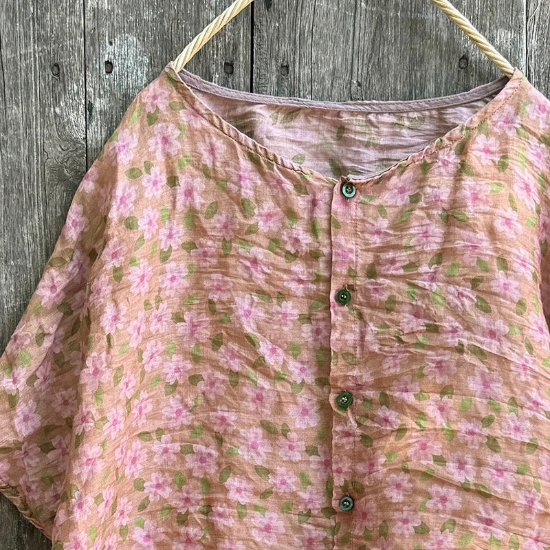 Casual Floral Print Loose Linen Relaxed Fit Shirt for Women