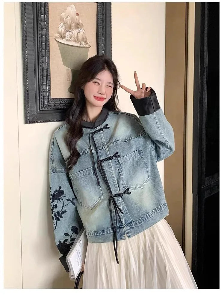 Plus Size Embroidered Denim Jacket