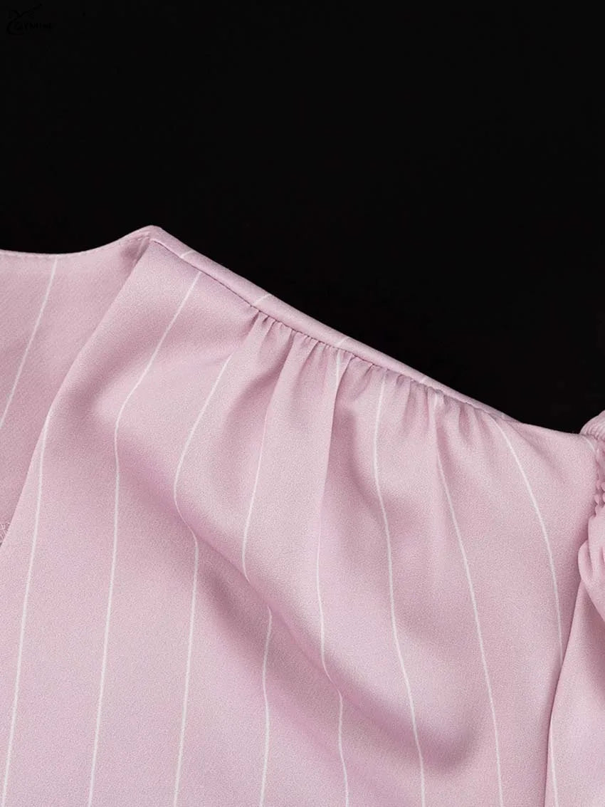 Oymimi Casual Pink 2 Piece Sets Woman Outfits Fashion V-Neck Lace-Up Long Sleeve Blouses And High Waist Slim Mini Skirts Sets