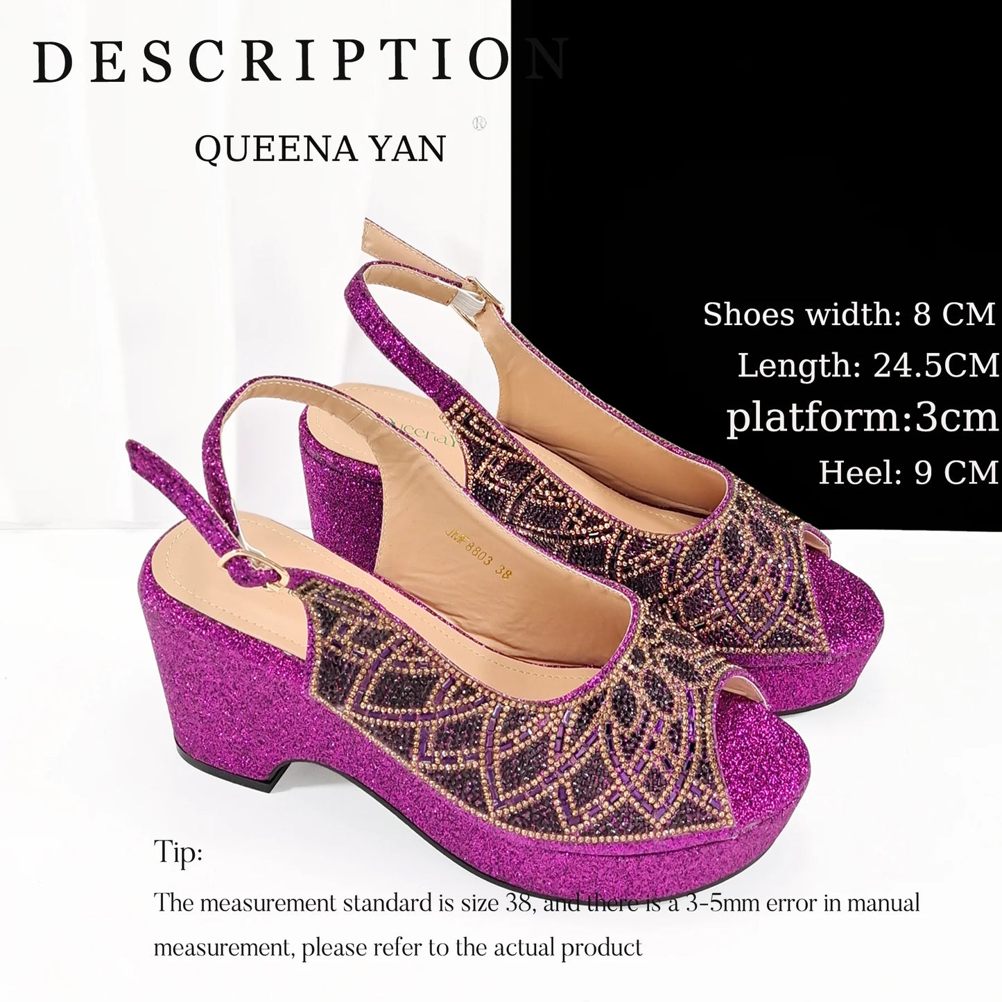 Queena Yan 2025 Italian design full rhinestone detailing comfort platform heels and matching bag Women's Fashion Peep Toe Shoes