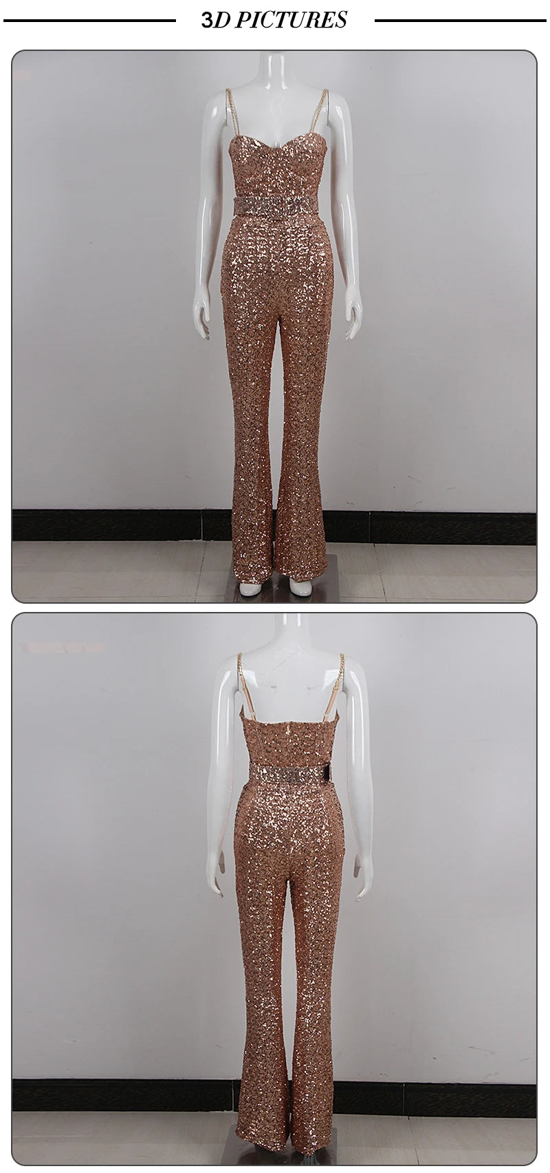 Gold Sequin Design Sleeveless Jumpsuit With Belt for Women