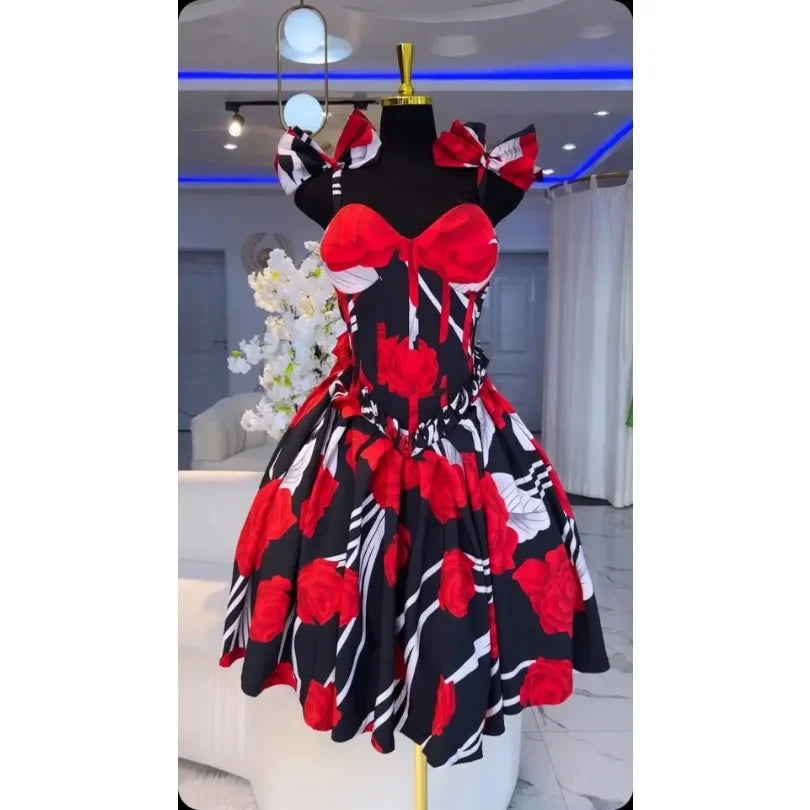 Customized Elegant Stylish Tube Top A-line Flower Print Waist-fitted Midi Dresses Fashion Summer Sexy Low-cut Bow Straps Casual