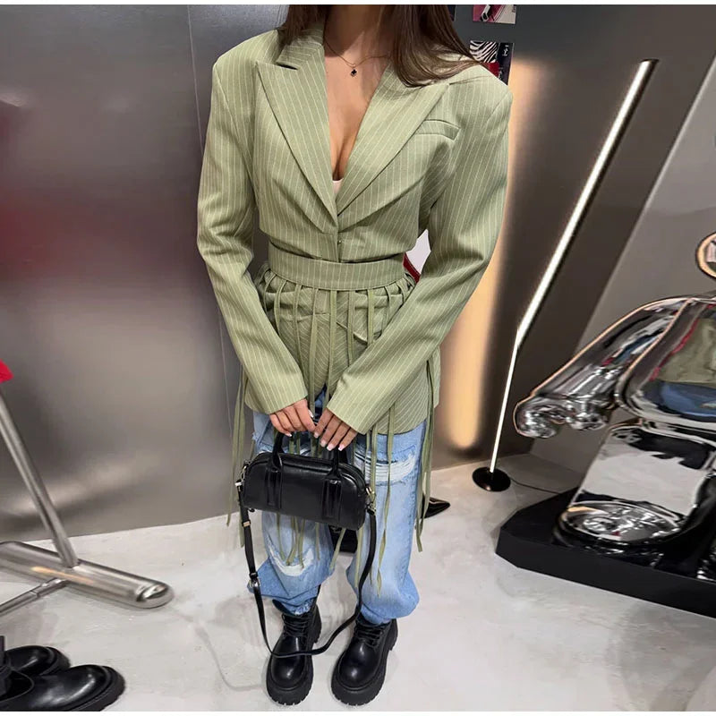 Striped Full Sleeve Blazer With Detachable Tassel Lapel for Women