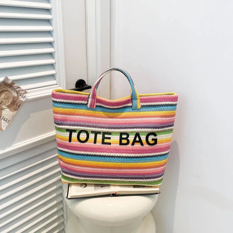 New straw woven bag, large capacity tote bag, crossbody striped letter contrasting beach bag