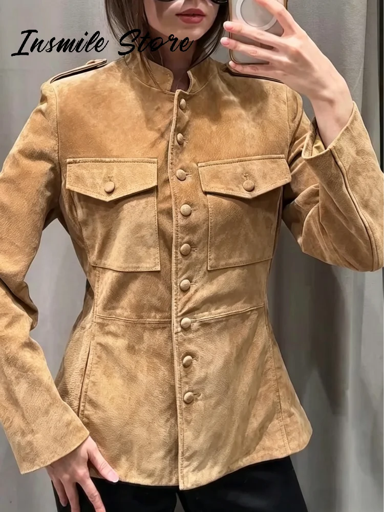 Vintage Stand Collar Single Breasted Military Coat For Women