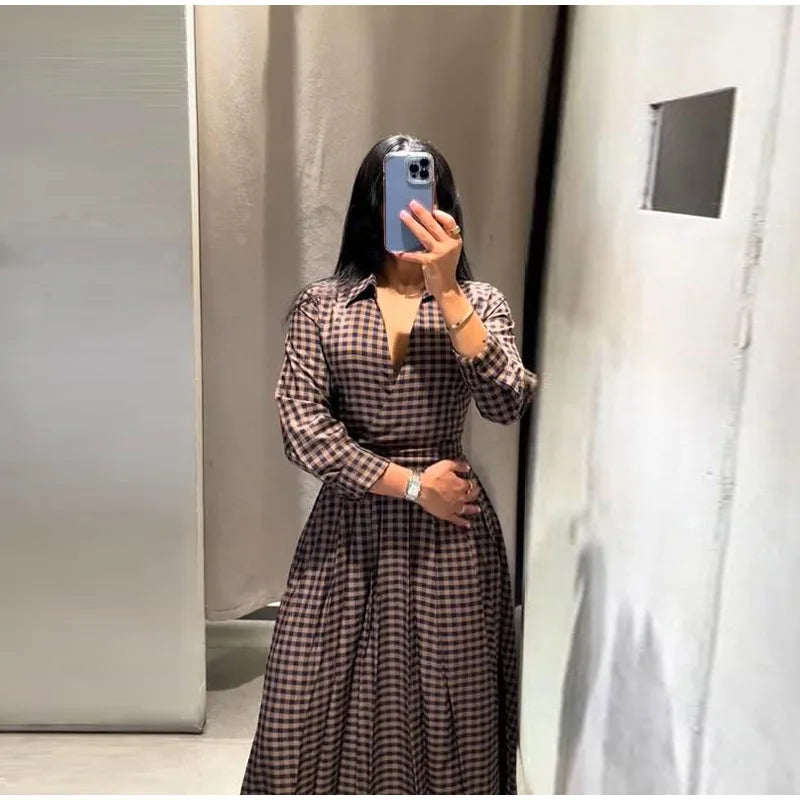 Elegant Plaid Women's Long Dresses Loose Tie Up Bow Laple Full Sleeve A-line Dress For Woman 2026 Spring New Lady Party Robes