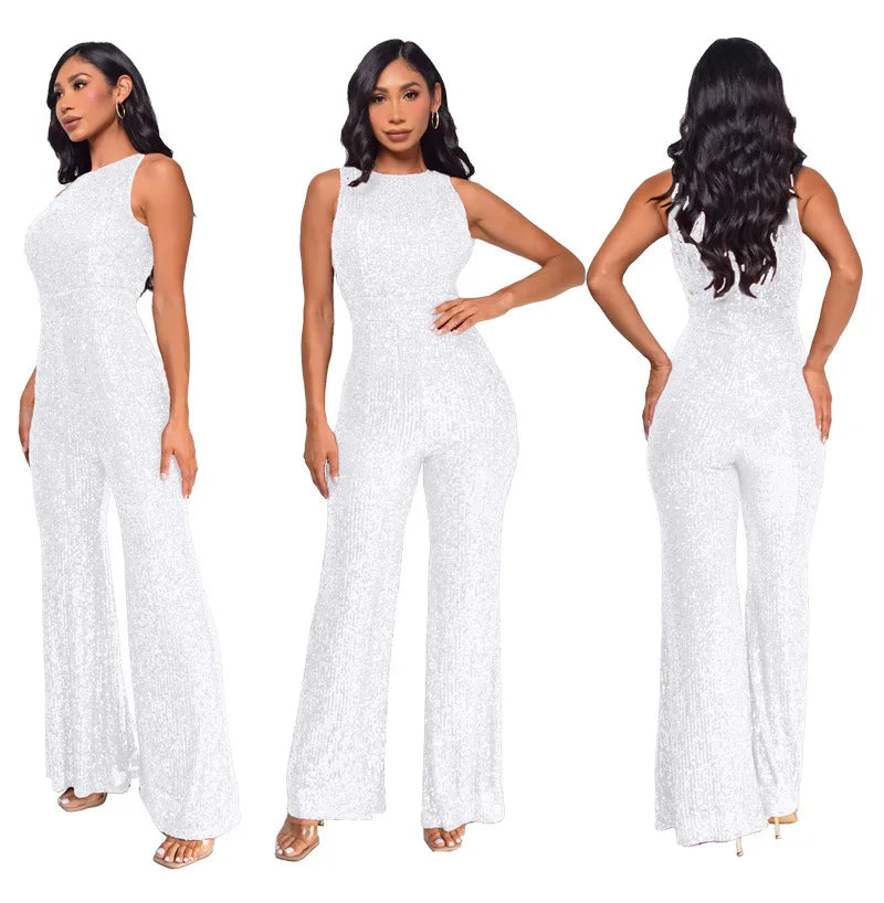 Elegant Silver Sequined Straight Cut Jumpsuit for Women