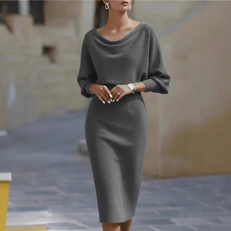 Office Lady Solid High Waist Slim Hips Dress 2026 Spring Sexy O Neck Zipper Slit Party Dresses Autumn Batwing Sleeve Woman Dress