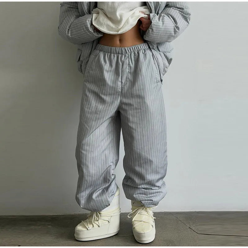 Striped Hooded Puffer Jacket and Wide Leg Pants Set for Women