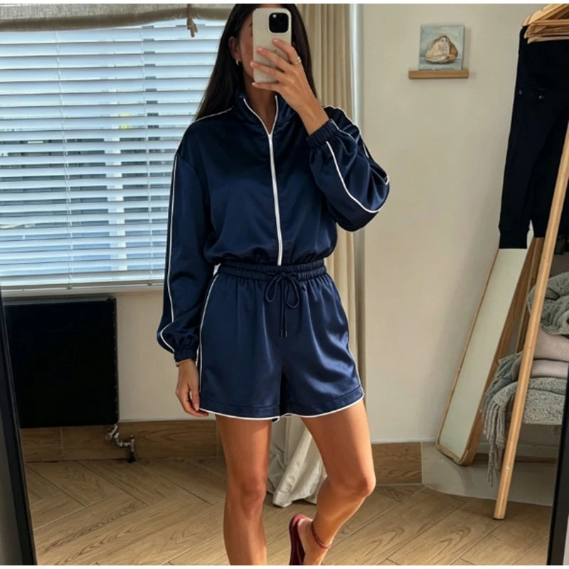 Relaxed Fit Casual Solid Coat Shorts Set for Women