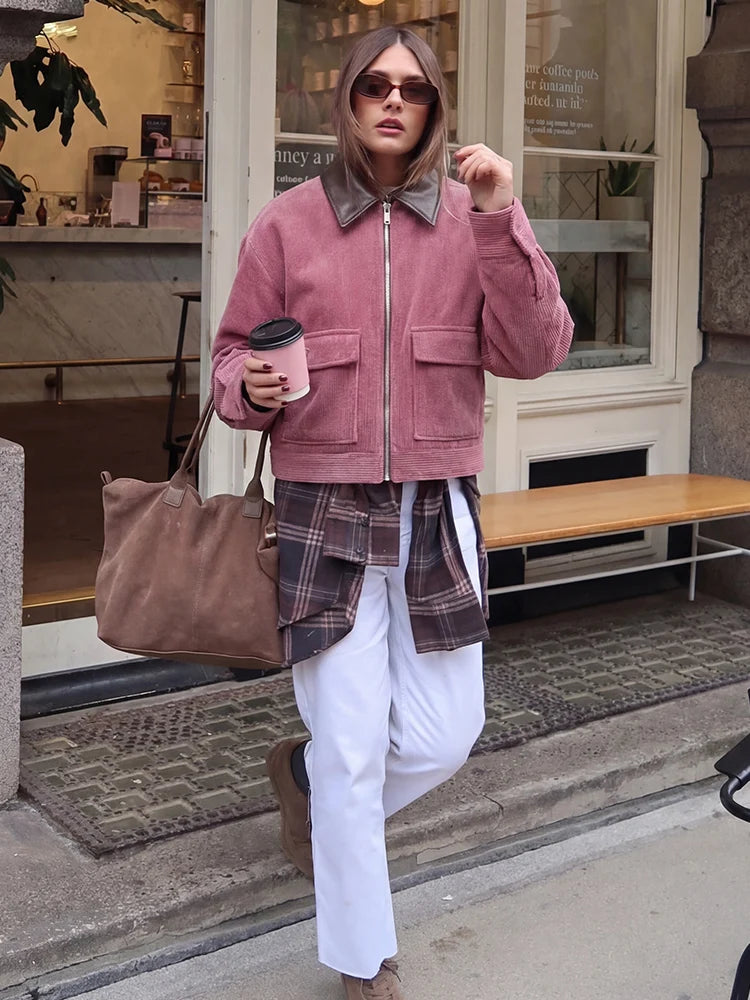 Pink Corduroy With Zipper And Pockets Long Sleeve Jacket for Women