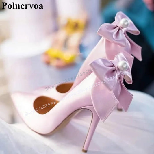 Pink Bowknot Pearl Decoration Shallow Pumps Thin High Heel Shoes For Women Slip On Pointed Toe 2025 Fashion Zapatos Para Mujere