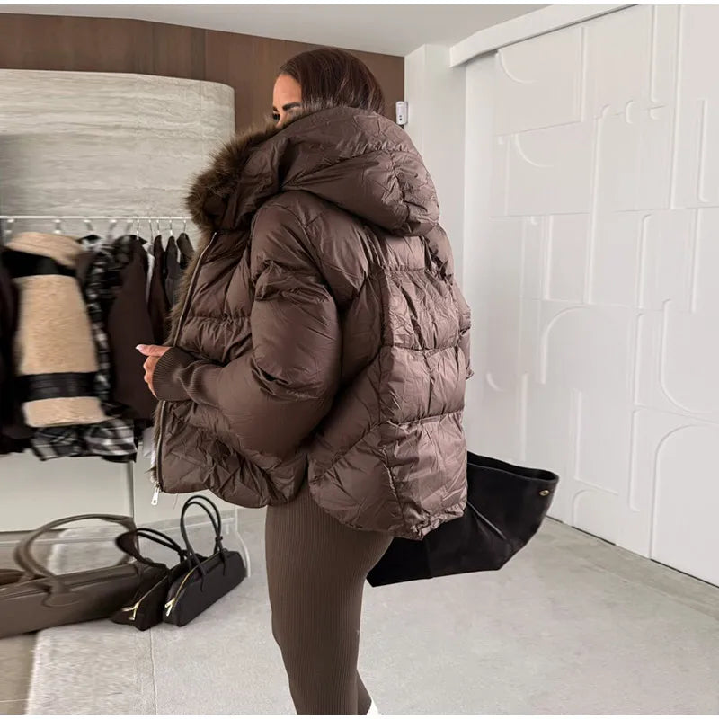 Vintage Women's Fur Coat Elegant Furs Collar Puffer Thicken Full Sleeve Jacket With Furs Female 2025 Autumn Winter Woman Coats