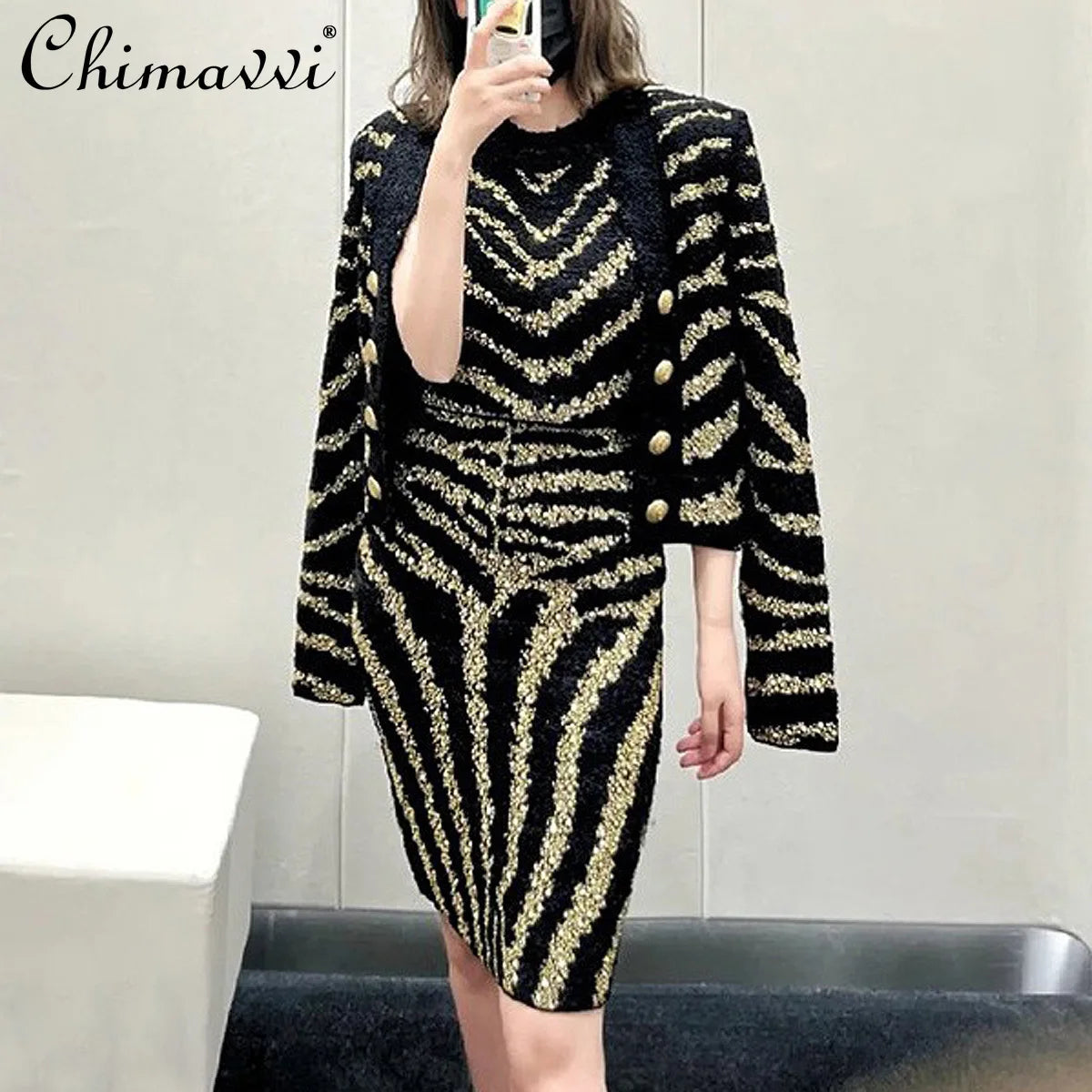 2025 Autumn New Heavy Knitted Hot Diamond Long-sleeved Jacket Sexy Vest + Skirt Set Light Luxury Party Women Three-piece Set
