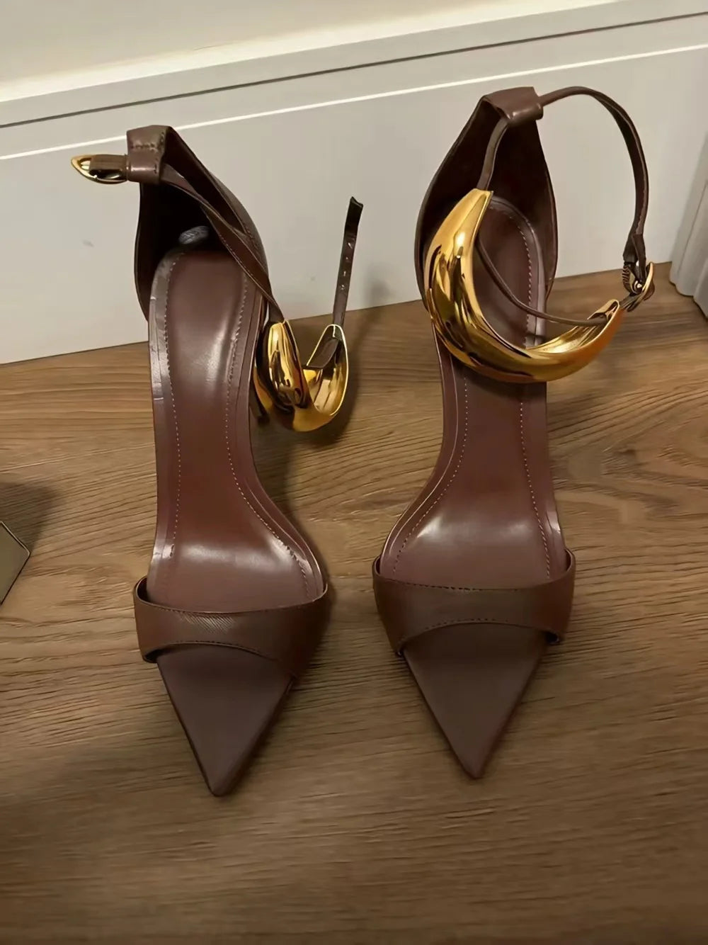Brown Patent Leather Stiletto Sandals