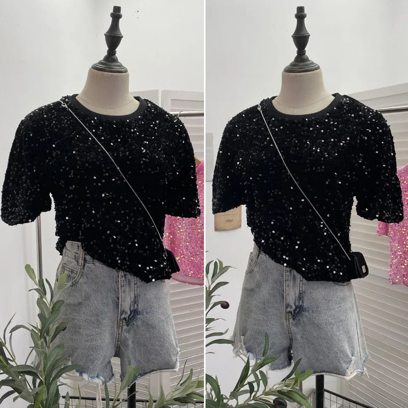 Spicy Girl Pink Sequins Short Sleeve T-shirt Round Neck Slimming Crop Top Blingbling Sexy Nightclub Multi Color Casual Tees