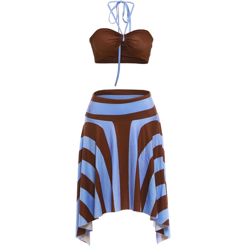 Nibber Holiday 3 Piece Set Woman Halter Rope+Wrap Chest Tops+Stripe Patchwork Mid Skirts Beach Sexy Style Summer Fashion Outfits