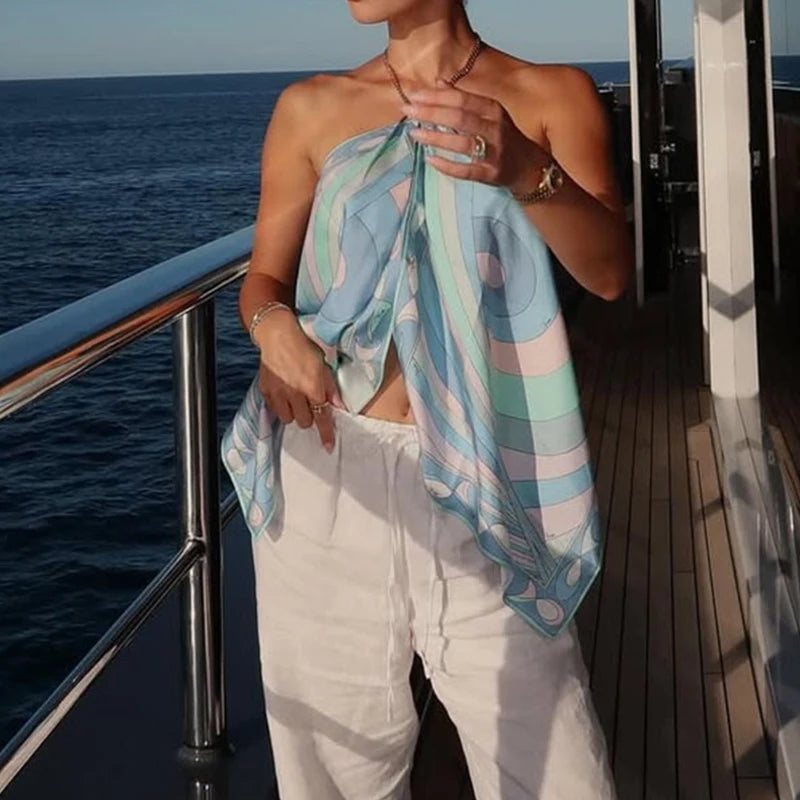 New 2025 Vacation Hollow Sleeveless Bohemian Shirt Chain Halter Pleated Club T-shirts Satin Print Slim Fit Women's Top Blouses