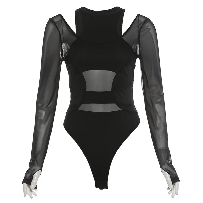 Mesh Patchwork Bodysuit With Long Sleeves for Women