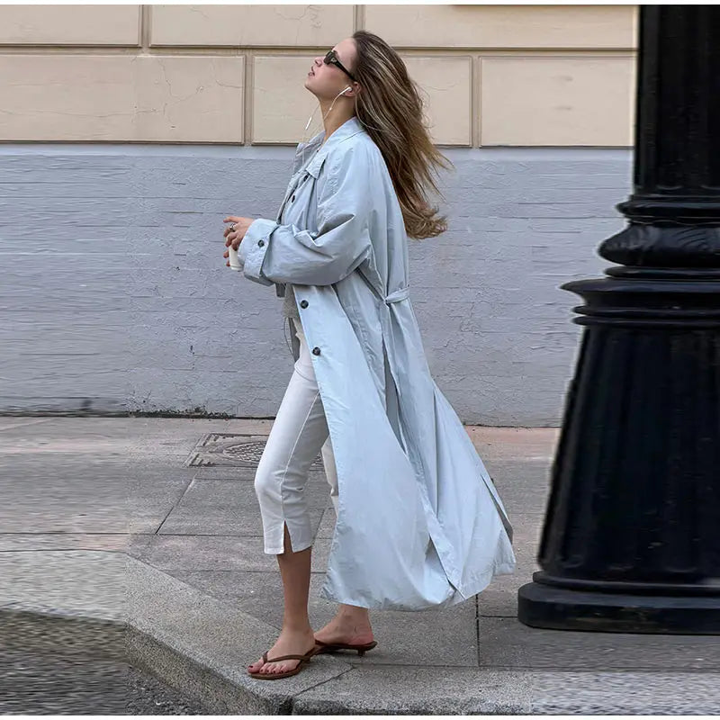 Lapel Collar Button Front Long Trench Coat With Waist Belt for Women