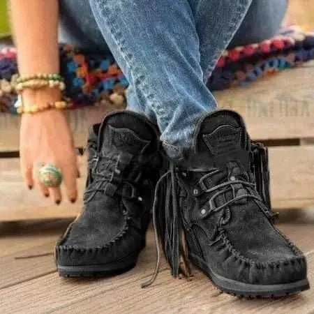 Vintage Pointed Toe Suede Western Ankle Boots With Tassels For Women