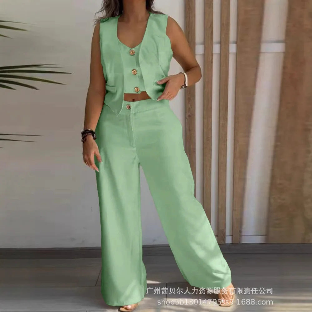 Women New 2 Pieces Outfits Metal Button Decor V Neck Sleeveless Tank Top and Casual Plain Loose Fit Pants Set