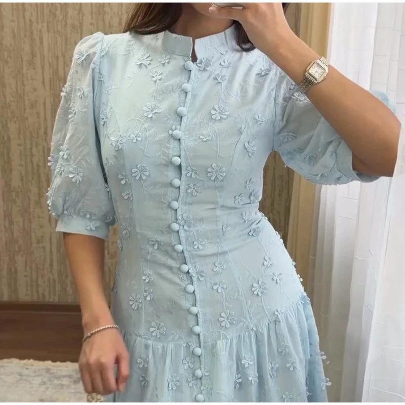 Floral Puff Sleeve Empire Waist Long Dress for Women