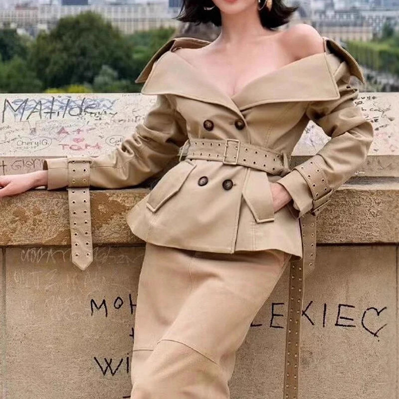 KUCLUT Fashion Elegant Versatile Large Lapel Waist Double-Breasted Short Trench Coat For Women Wrapped Hip Skirts Female 1A800