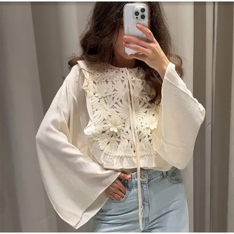 Floral Hollow Embroidery Mini Skirt Sets Women 2 Pieces Flare Sleeved Women Suit Casual Two Piece Set Summer Women Outfit