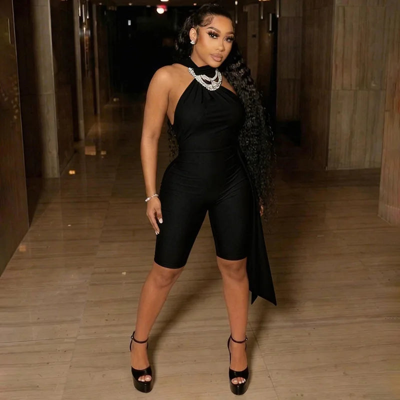 Sexy Ruched Backless Halter Bandage Jumpsuit for Women