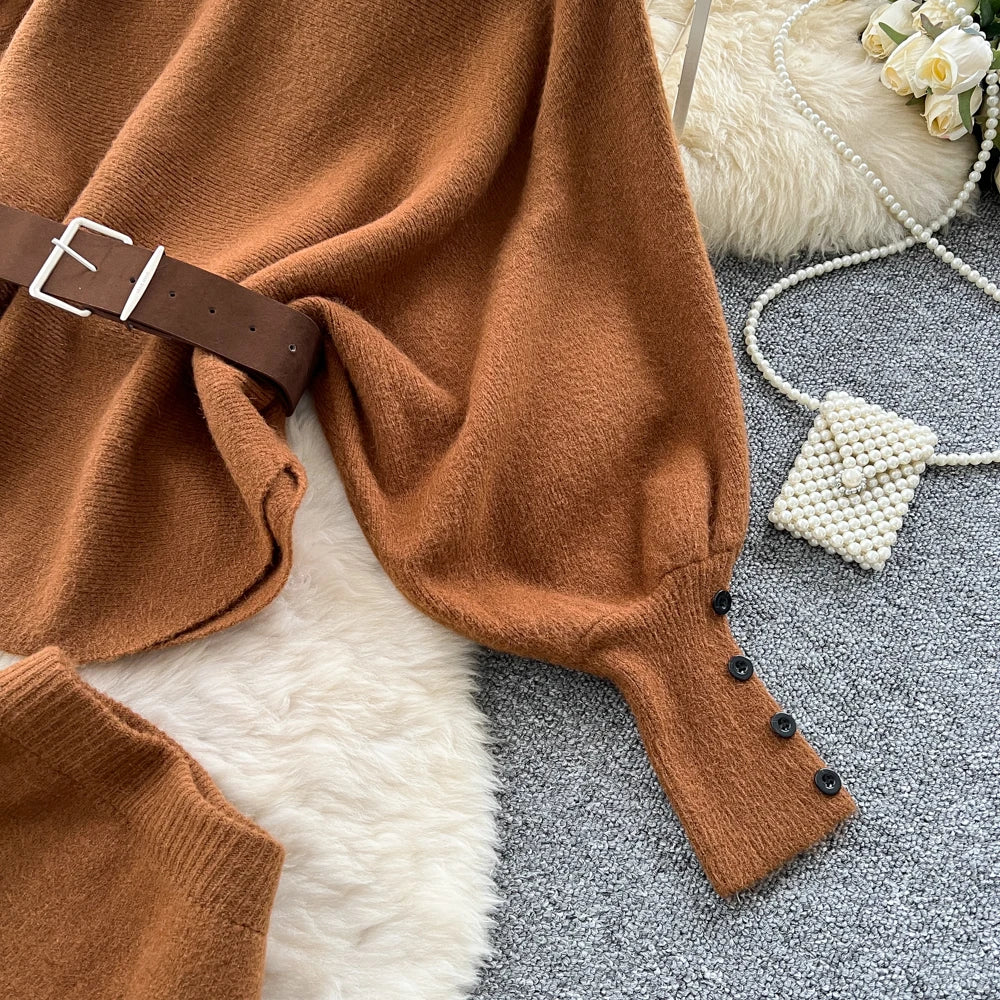 Batwing Sleeve Knit Top and High Waist Skirt Set for Women