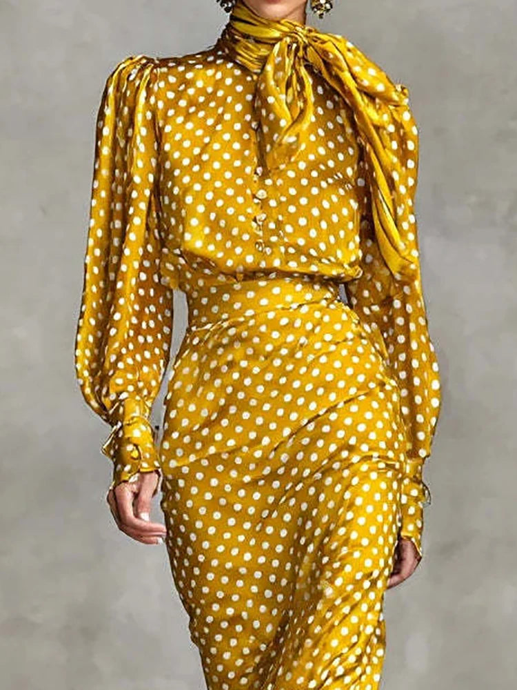 Elegant Polka Dot Long Sleeve Two Piece Skirt Set for Women