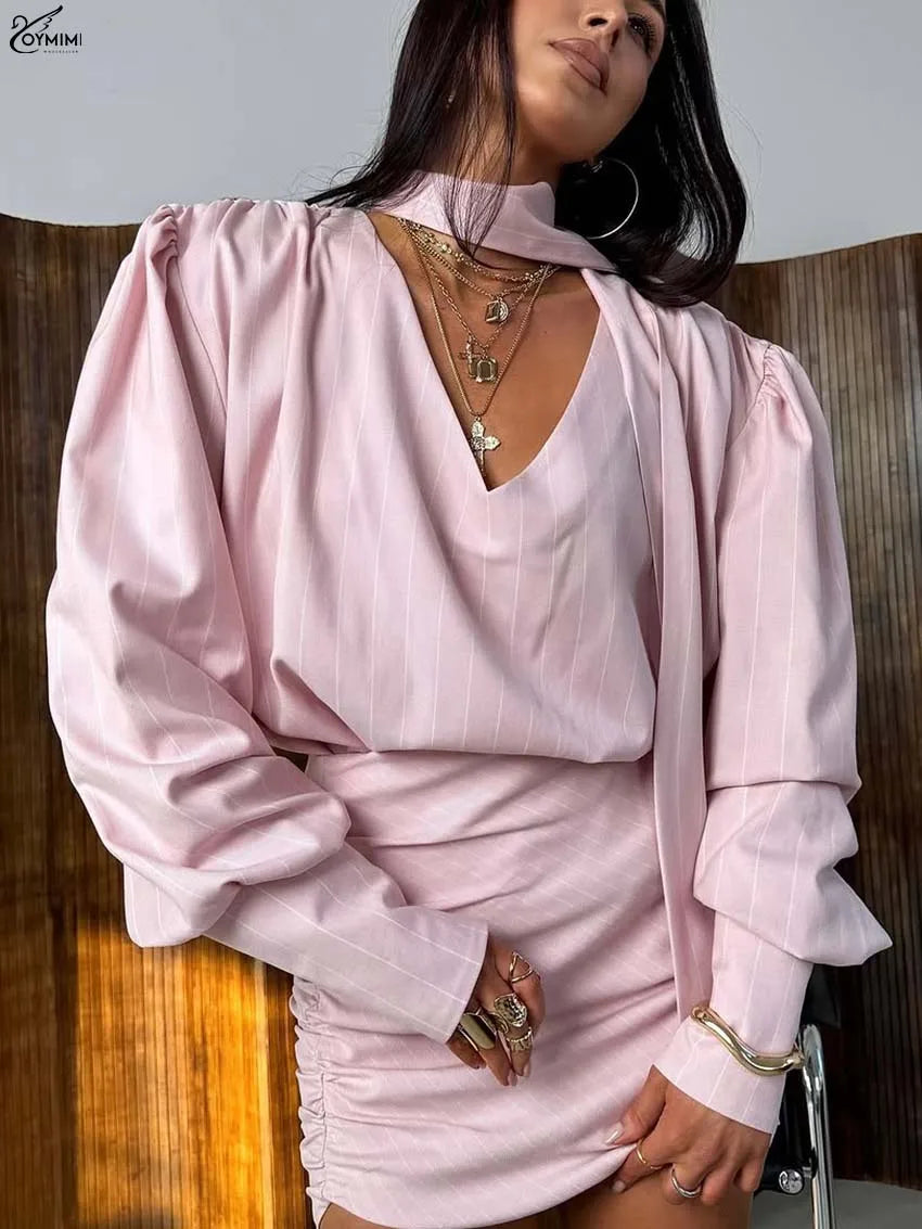Oymimi Casual Pink 2 Piece Sets Woman Outfits Fashion V-Neck Lace-Up Long Sleeve Blouses And High Waist Slim Mini Skirts Sets