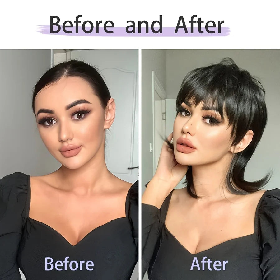 Short Black Shaggy Layered Mullet Wig For Women With Bangs