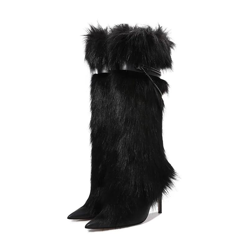 Elegant Faux Fur Knee High Stiletto Boots for Women