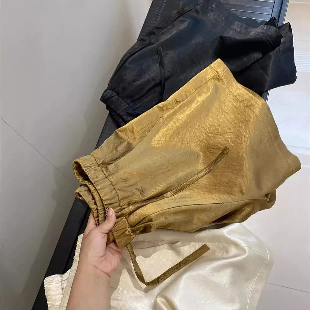 Loose Fit Elastic Waist Satin Texture Casual Shorts for Women