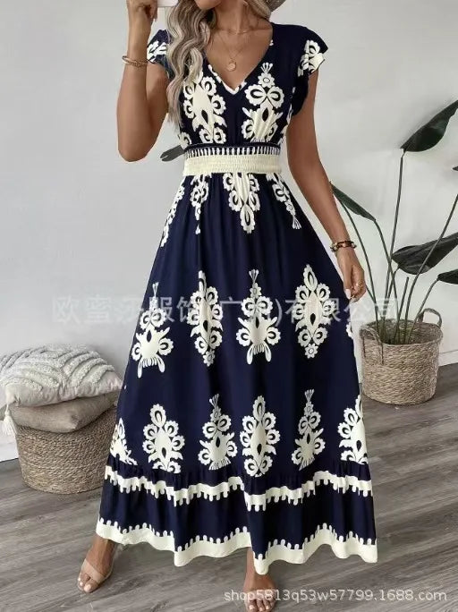 Beach Print Midi with V-Neck and High Waist Dress for Women