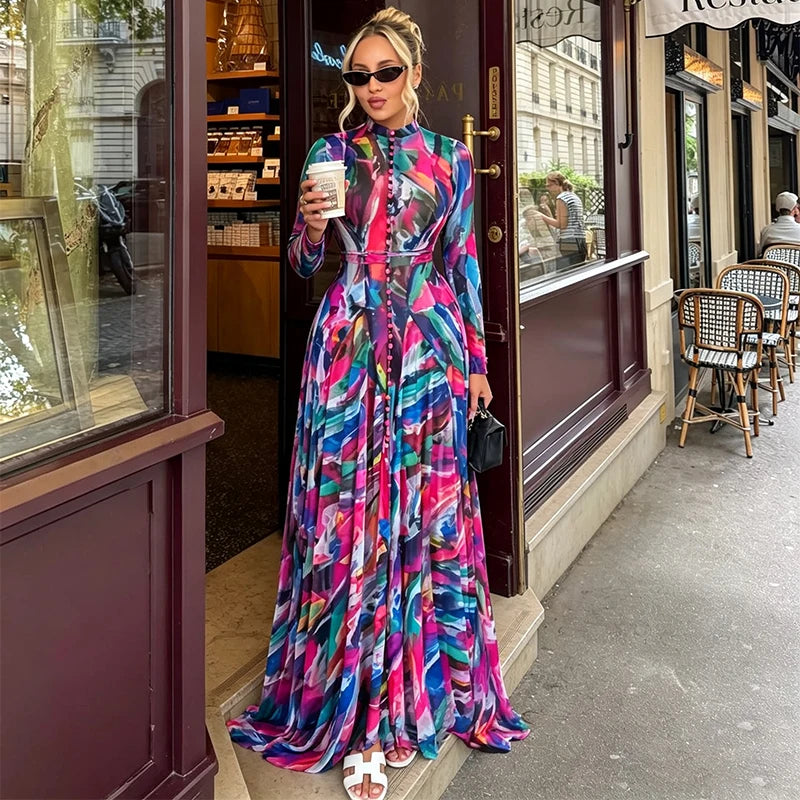 Chic O-Neck Printed Long Sleeve Casual Summer Dress for Women