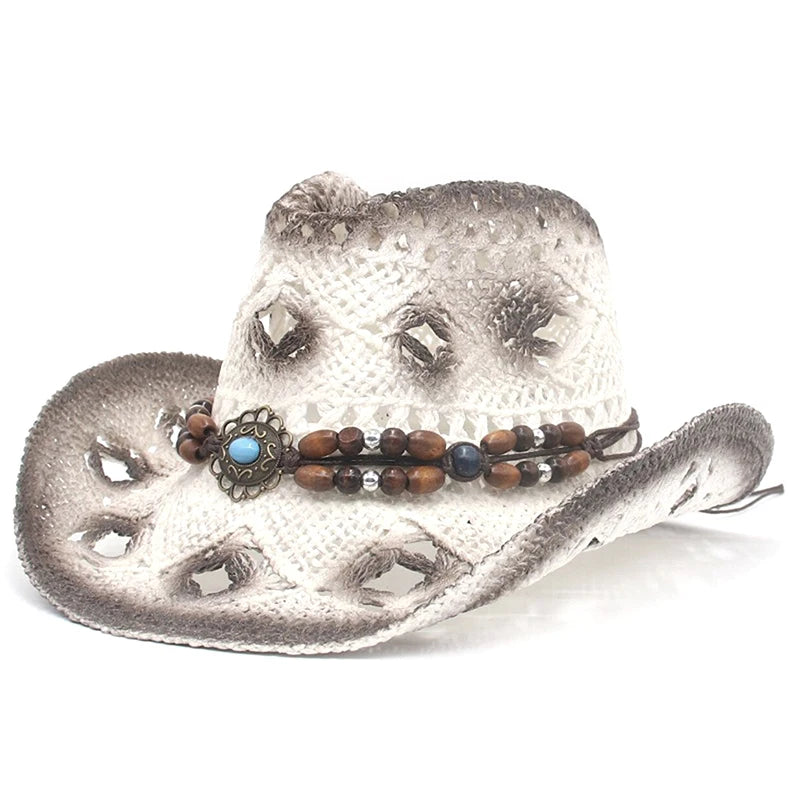 Creative Curled Straw Ethnic Beaded Chain Cowboy Hat for Women