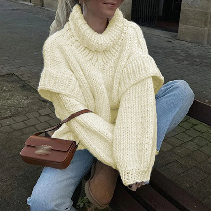 Women Casual Warm Winter Thick Sweater Fall Elegant Turtleneck Solid Knitted Jumper Femme Fashion Long Sleeve Loose Pullover Top