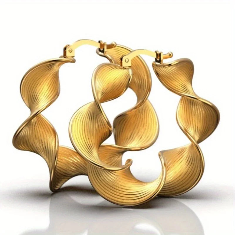 Carved Twisted Gold Tone Hoop Earrings
