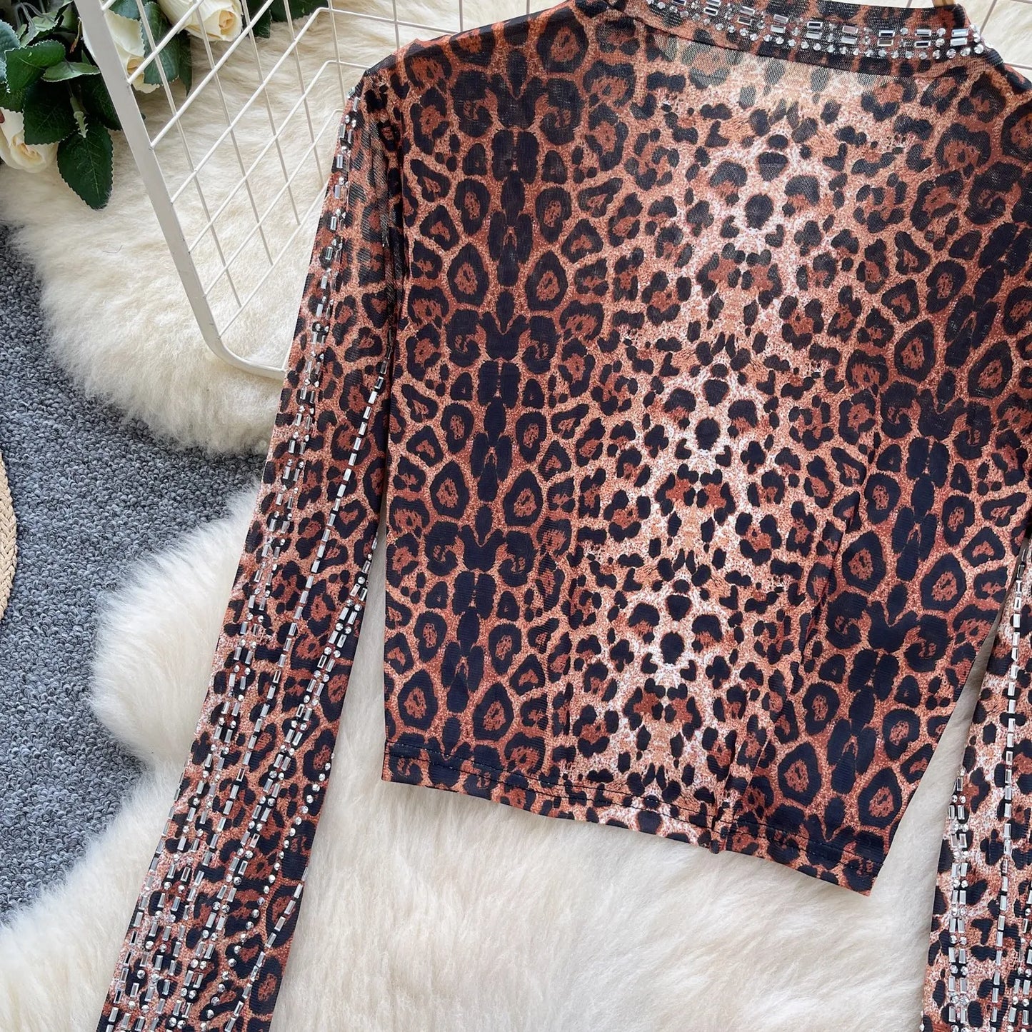 Leopard Print Rhinestone Mesh Long Sleeve Crop Top for Women