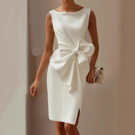 2025 Women's Dress O-neck Sleeveless White Elegant Bow Slim Party Red Evening Slit Vest Skirt