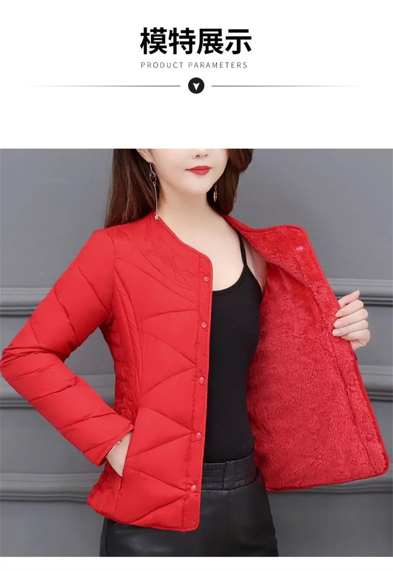 Winter Down Padded Jacket Women's Inner Short Mother's Wear Velvet Thickening Middle-Aged Elderly Mom Wear Pocket Jacket Pink
