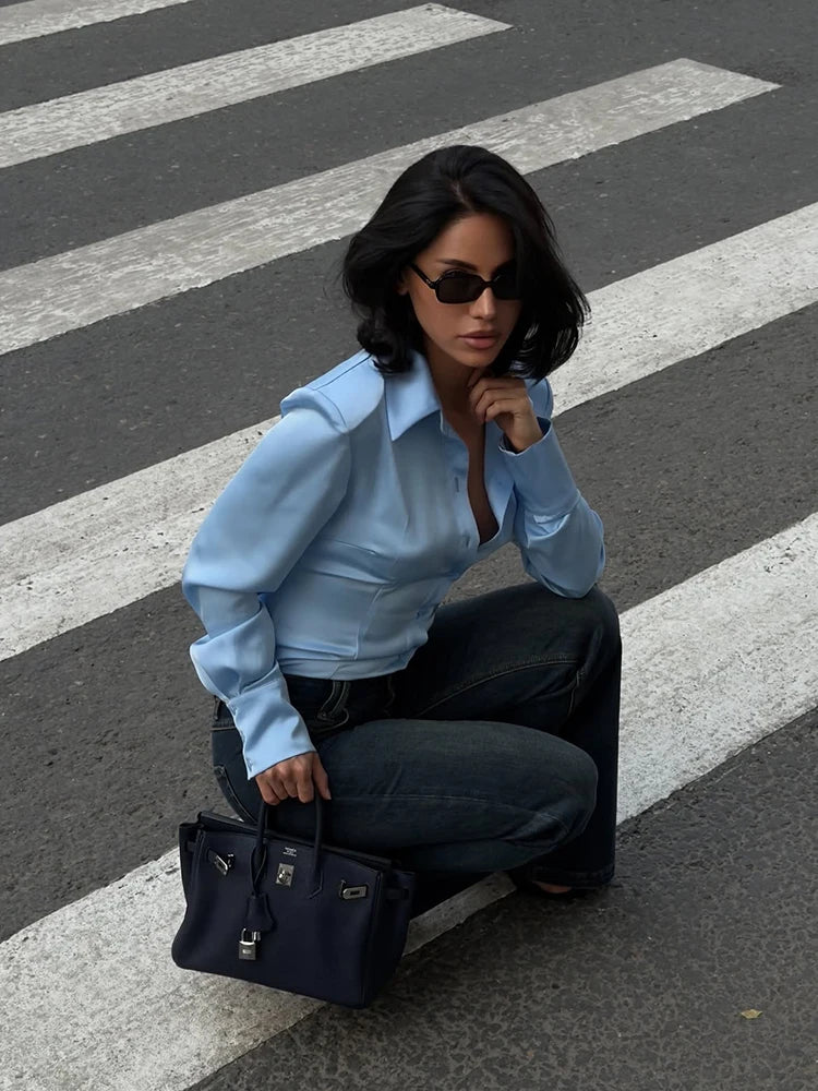 Elegant Satin Long Sleeve Button-Up Shirt for Women