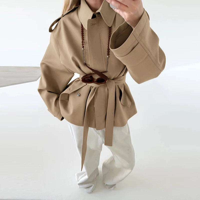 Elegant Belted Vintage Style With Stand Collar Coat for Women