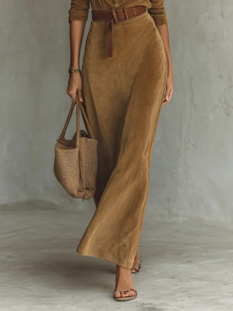 UOOZEE Women's Minimalist Solid Color Belted Lapel Shirts Dress Long Sleeves Split-Joint High Waisted Casual Office Maxi Dresses