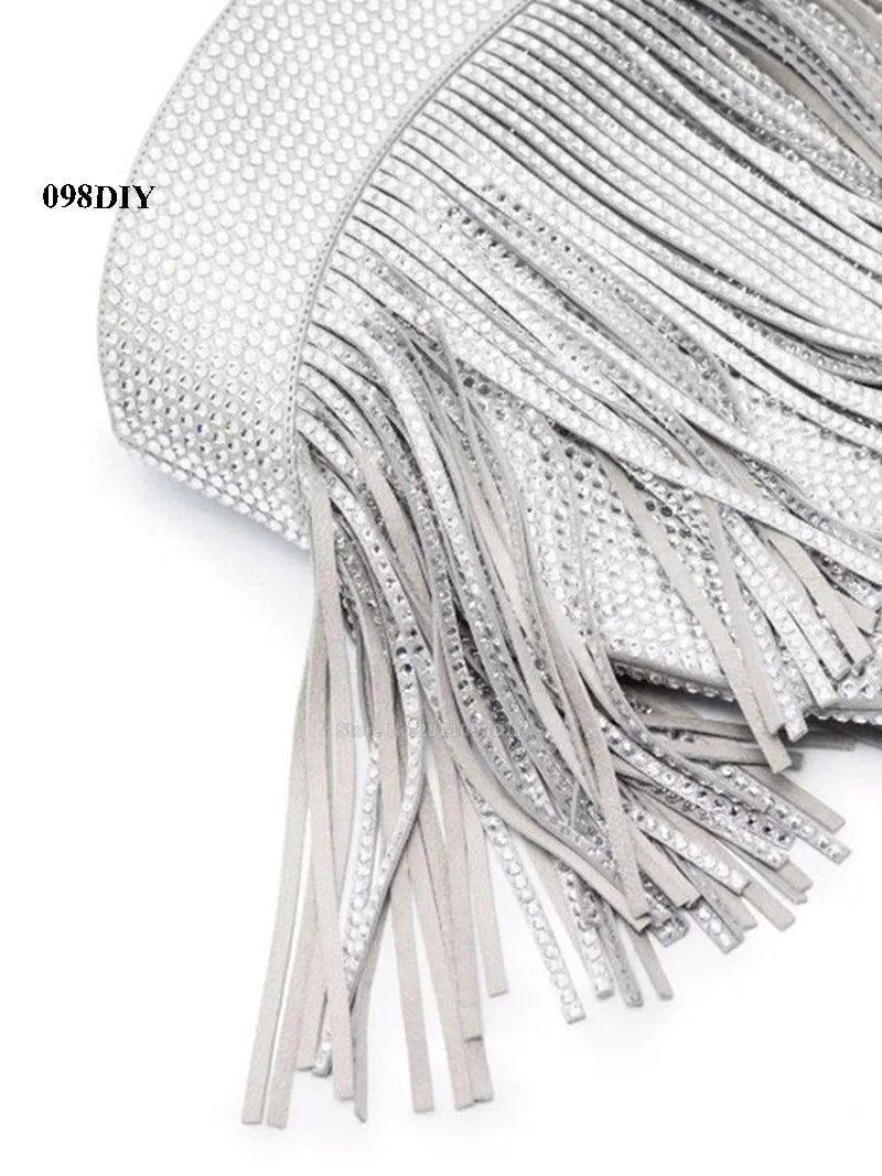 Knee High Fringe Rhinestone Heeled Cowboy Boots for Women