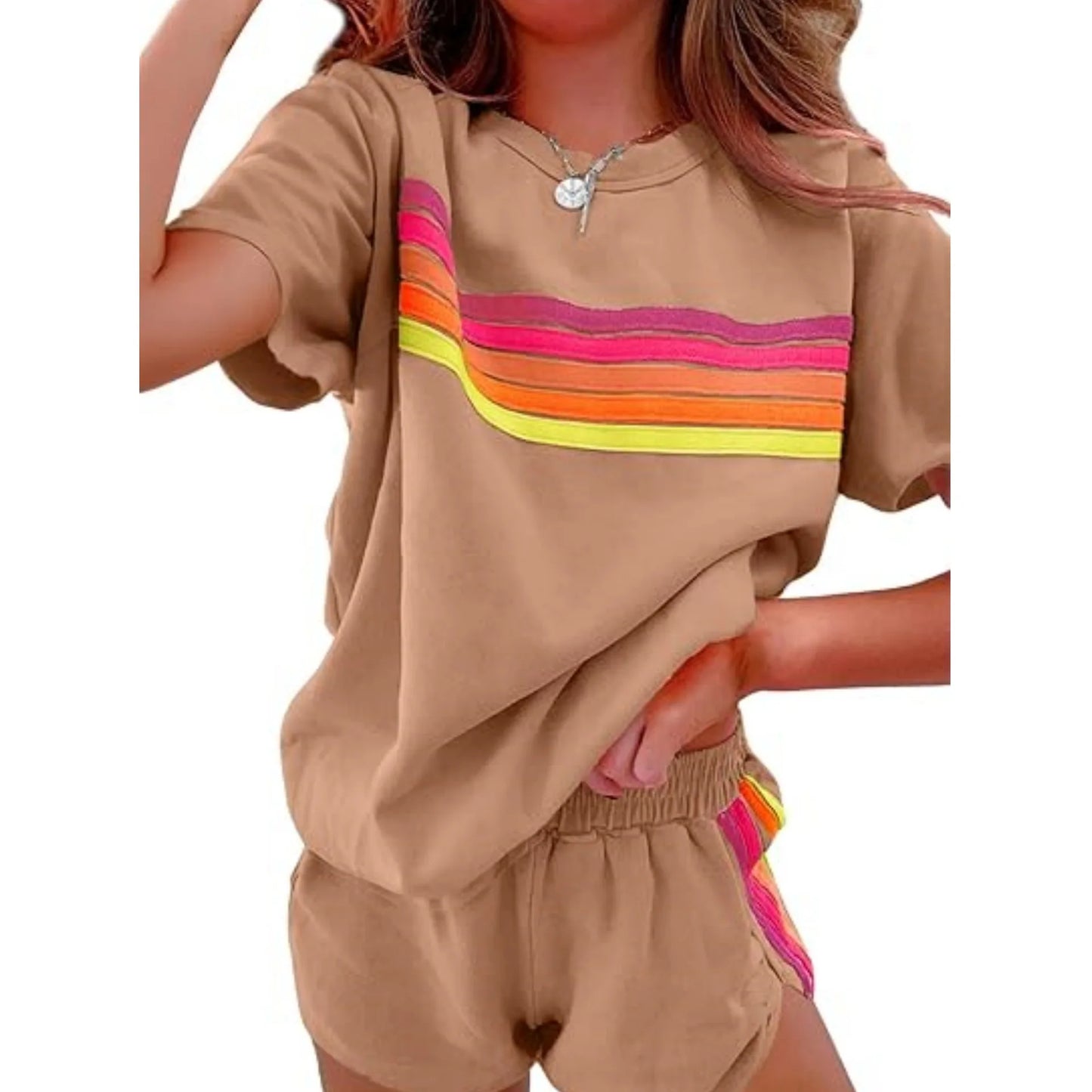 Casual Comfy Lightweight Stripe Top and Shorts Set for Women