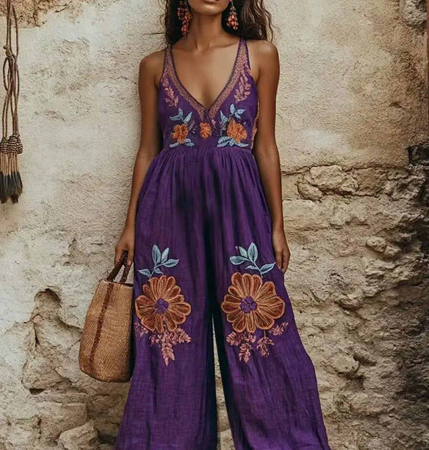 Casual Printed Loose Vneck Sleeveless Wide Leg Jumpsuit for Women
